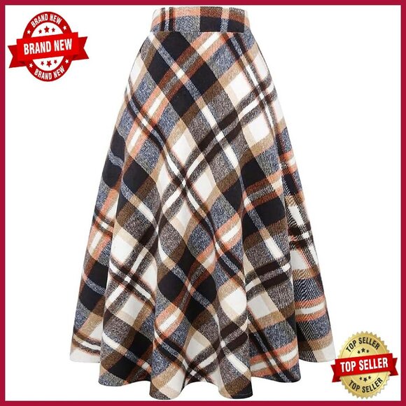 Dresses & Skirts - Long Wool Plaid Skirt High Waist A-Line Pleated Midi Fall Winter